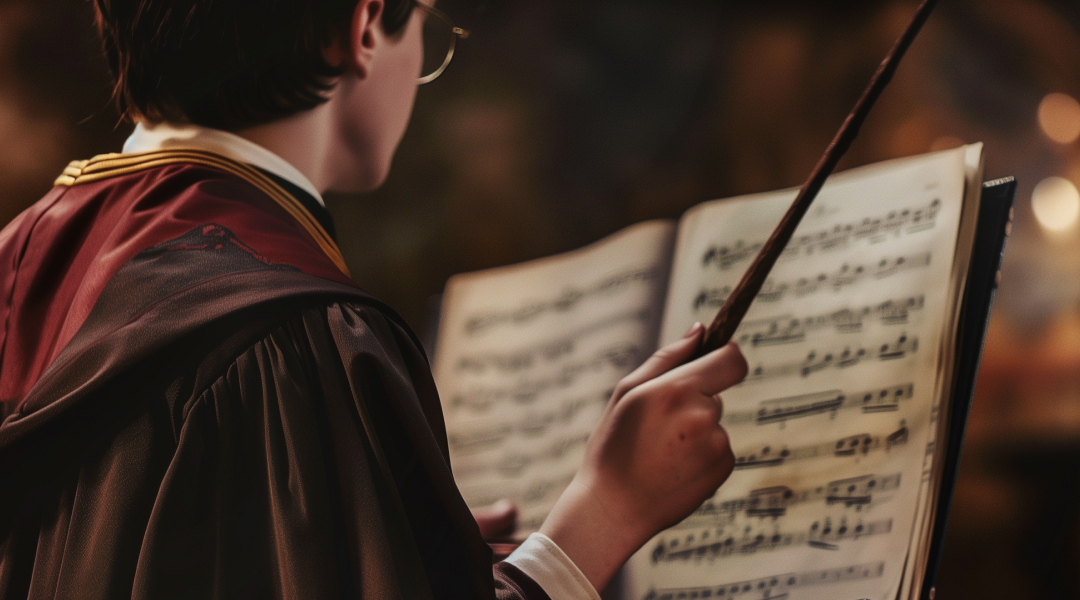 A young wizard studying Harry Potter sheet music at the piano, wand in hand, ready to play magical melodies with Simply Piano.