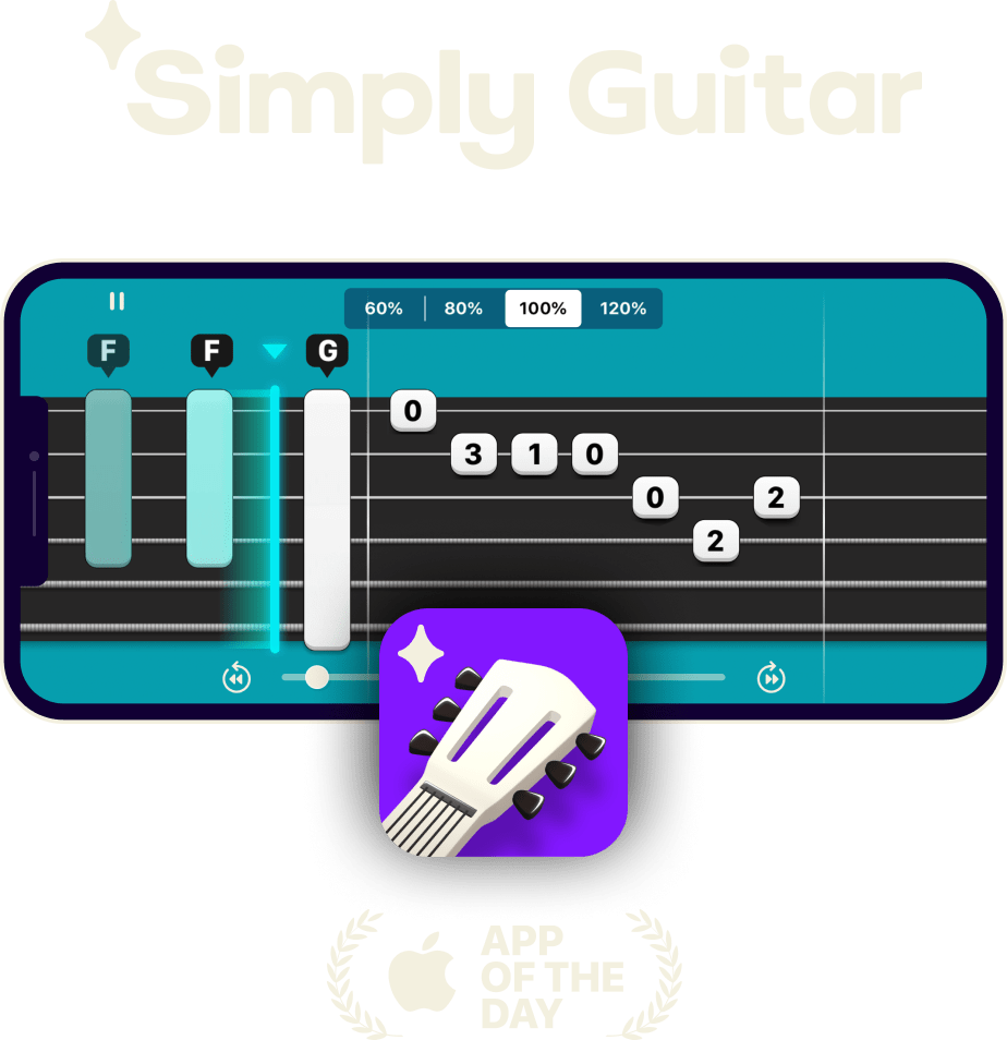 Simply Guitar app showing an interactive guitar lesson, with its App of the Day award